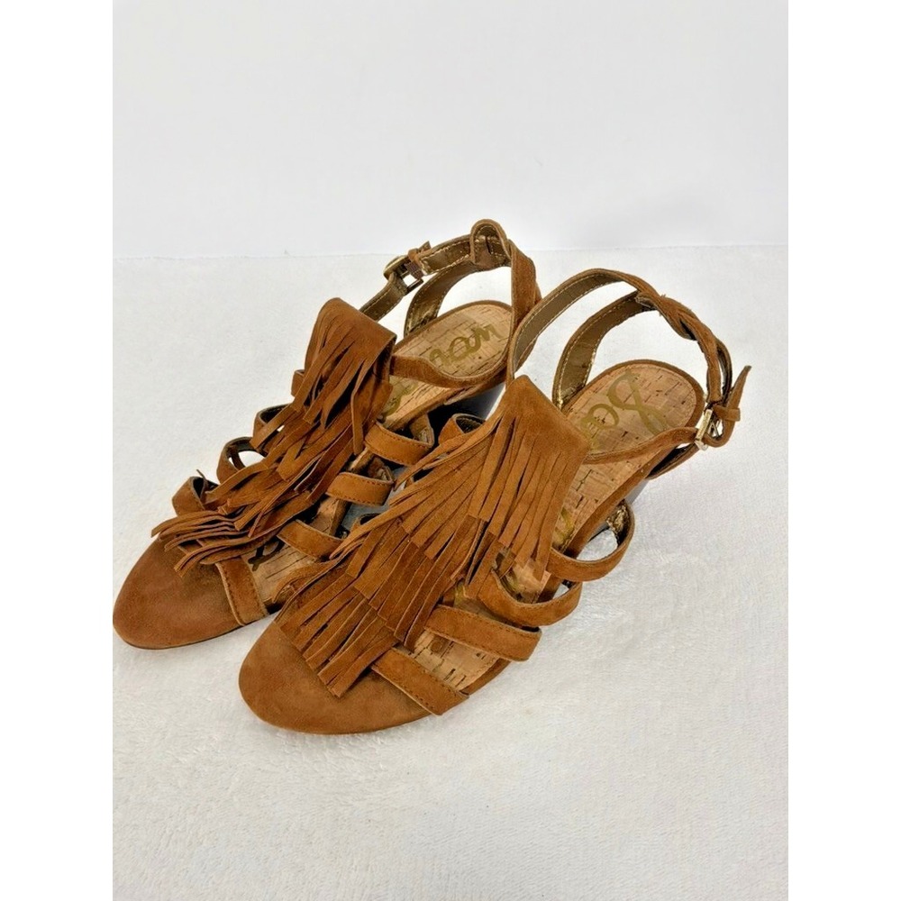 Sam Edelman Fringe Wedge Sandals Brown Suede Strappy Womens 7.5